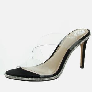 Vince Camuto Arensha clear strap, black suede lining and heel Mules 9 NWB